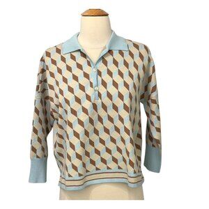 Tuckernuck Clayton Knit Polo Top Light Blue Tan Retro Boxy 3/4 Sleeve Size XS/S